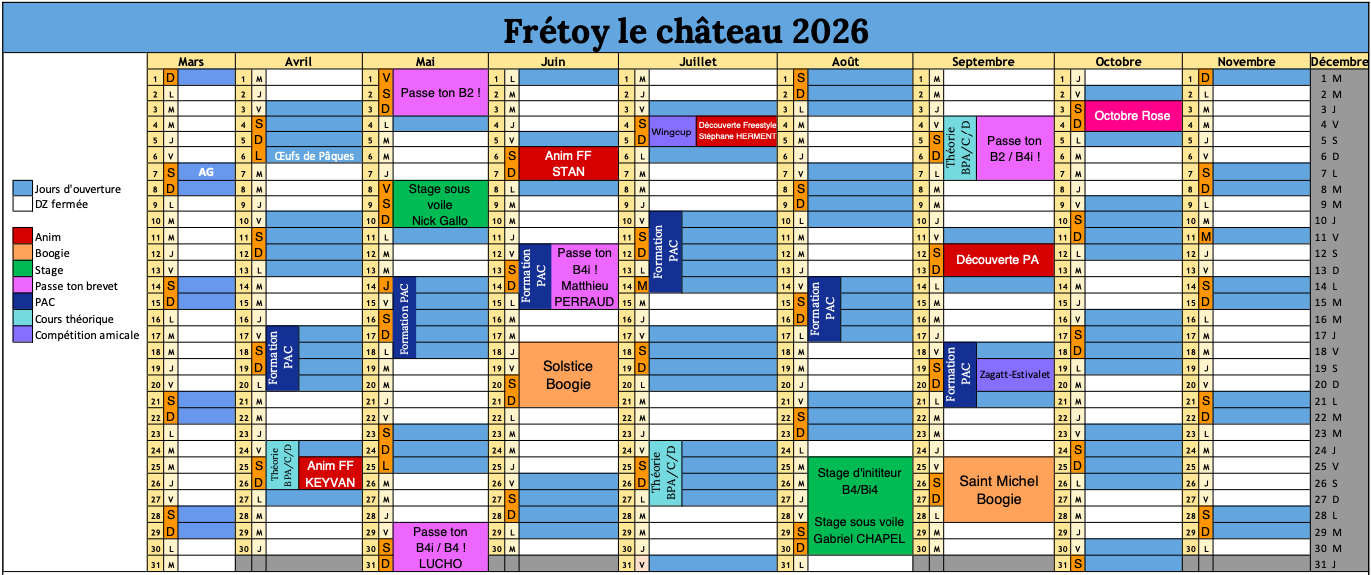 Planning centre parachutisme année 2026 Paris