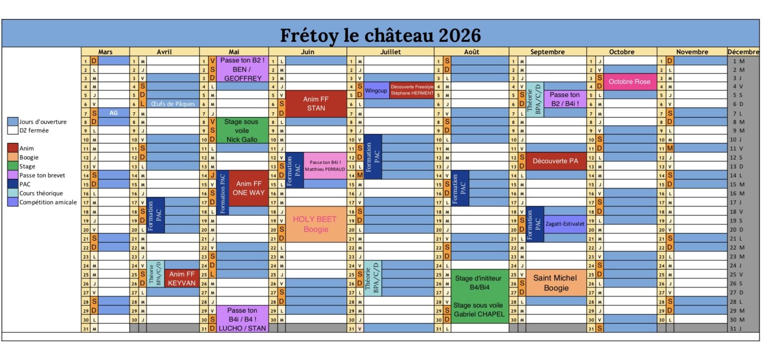Planning centre parachutisme année 2026 Paris