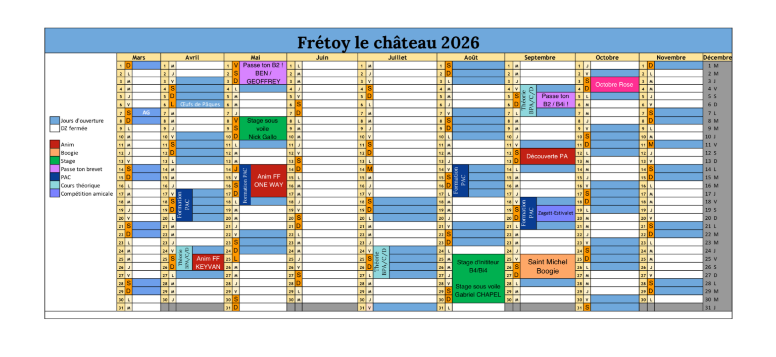 Planning 2026 ecole de parachutisme Paris