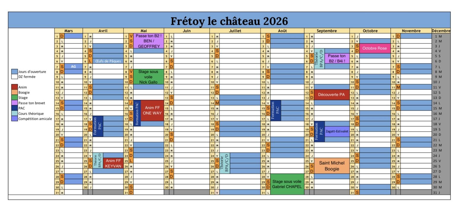 Planning 2026 ecole de parachutisme Paris