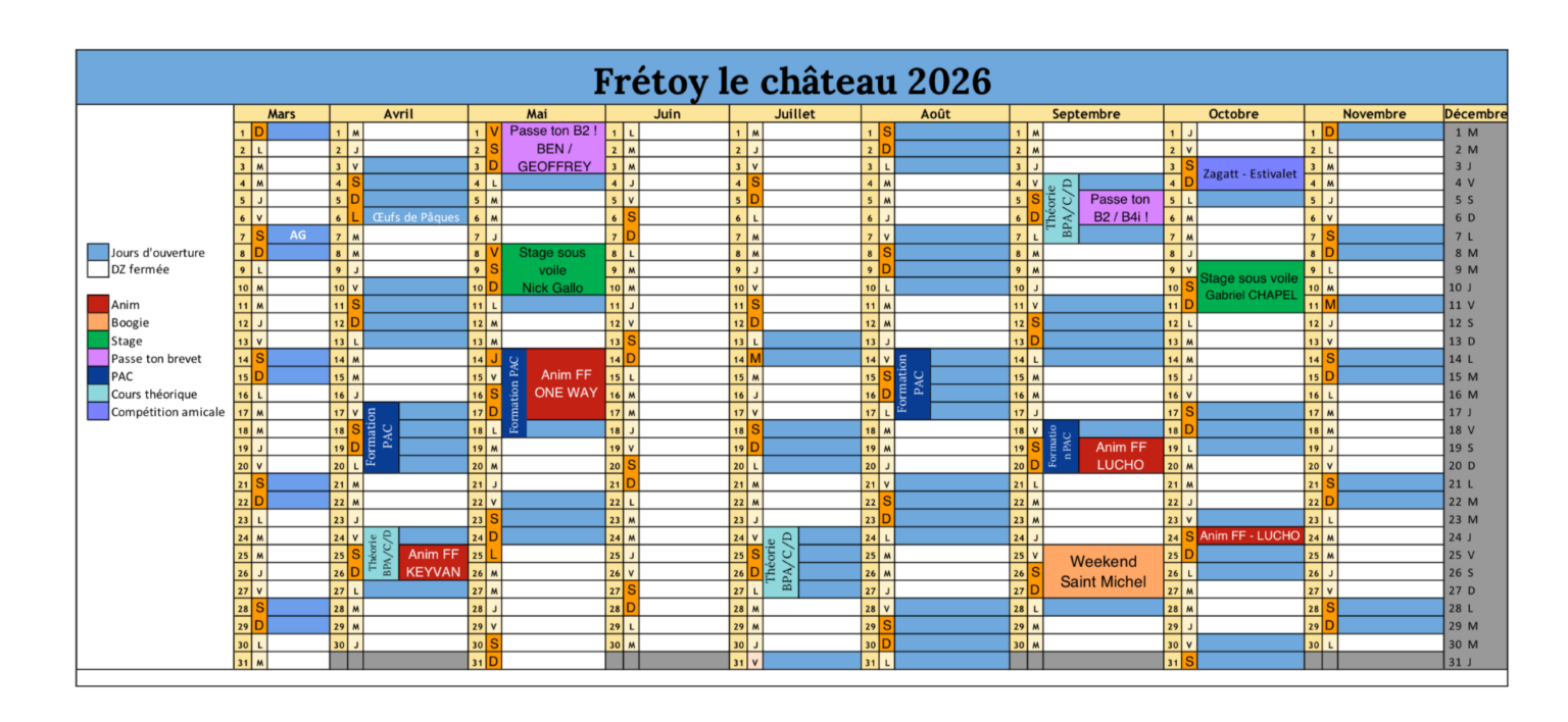 Planning 2026 ecole de parachutisme Paris